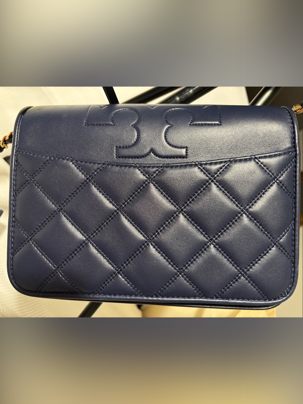 Tory Burch Quilted Navy Leather Crossbody with Embossed Logo Panel